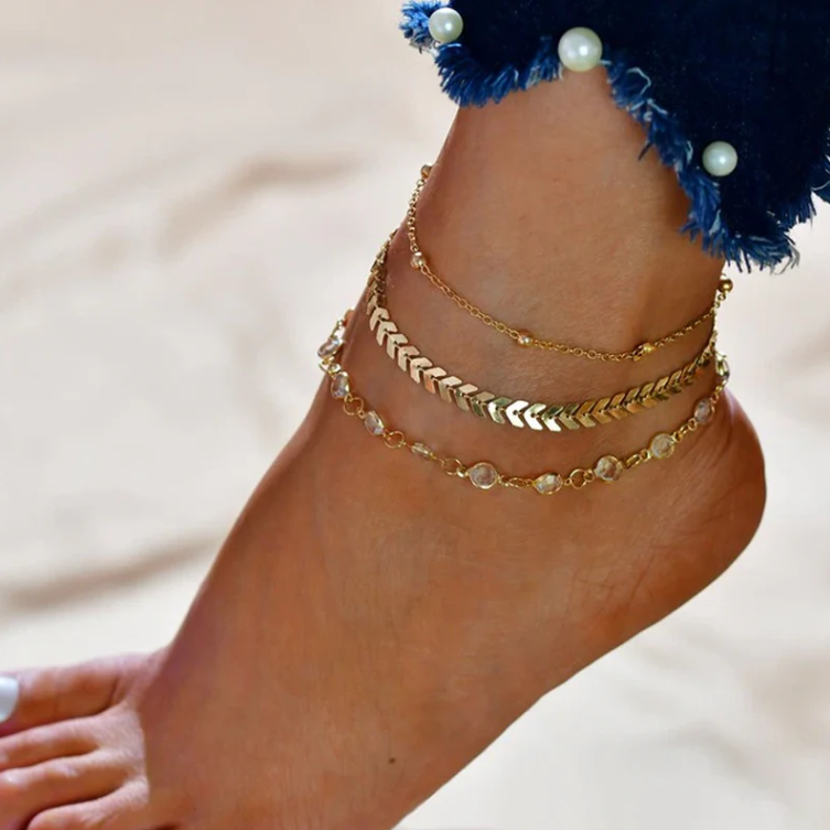 Boho Sparkle Anklet Set: Cubic Zirconia Beads